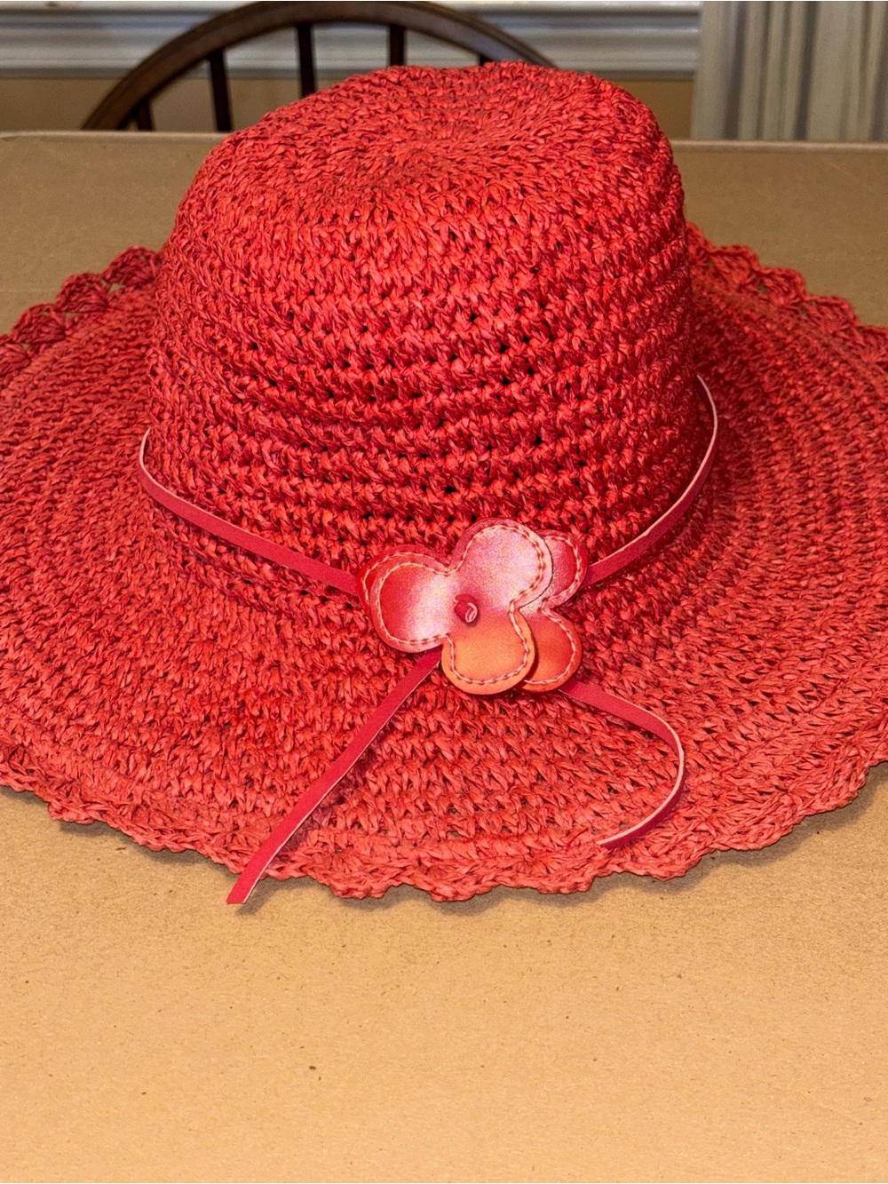 Straw Sun Hat with Floral Accent - Red